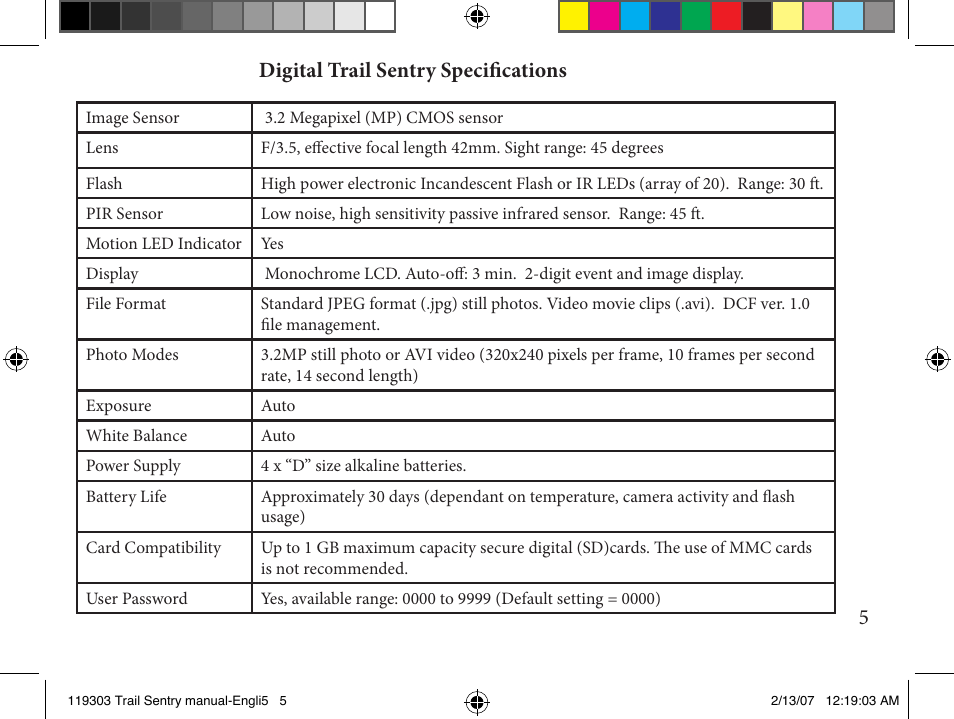 5digital trail sentry specifications | Bushnell 11-9303 User Manual | Page 5 / 16