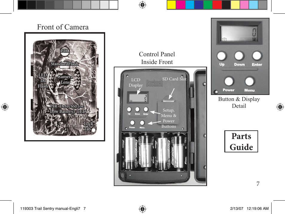 Parts guide, Front of camera, Control panel inside front | Bushnell 11-9303 User Manual | Page 7 / 16