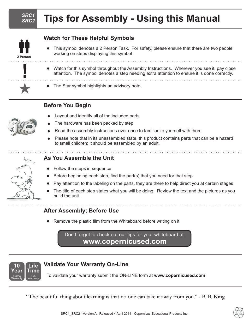 Tips for assembly - using this manual, Validate your warranty on-line, After assembly; before use | Copernicus SRC2 User Manual | Page 3 / 10