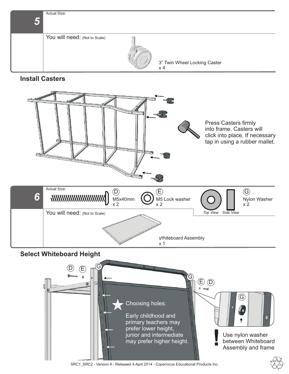 Step 5,6, Select whiteboard height, Install casters | Copernicus SRC2 User Manual | Page 6 / 10