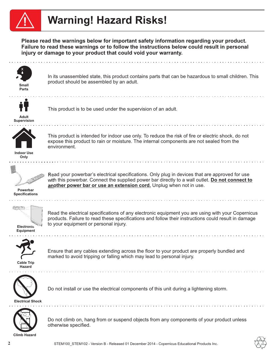 Warning - colour, Warning! hazard risks | Copernicus STEM102 User Manual | Page 2 / 18