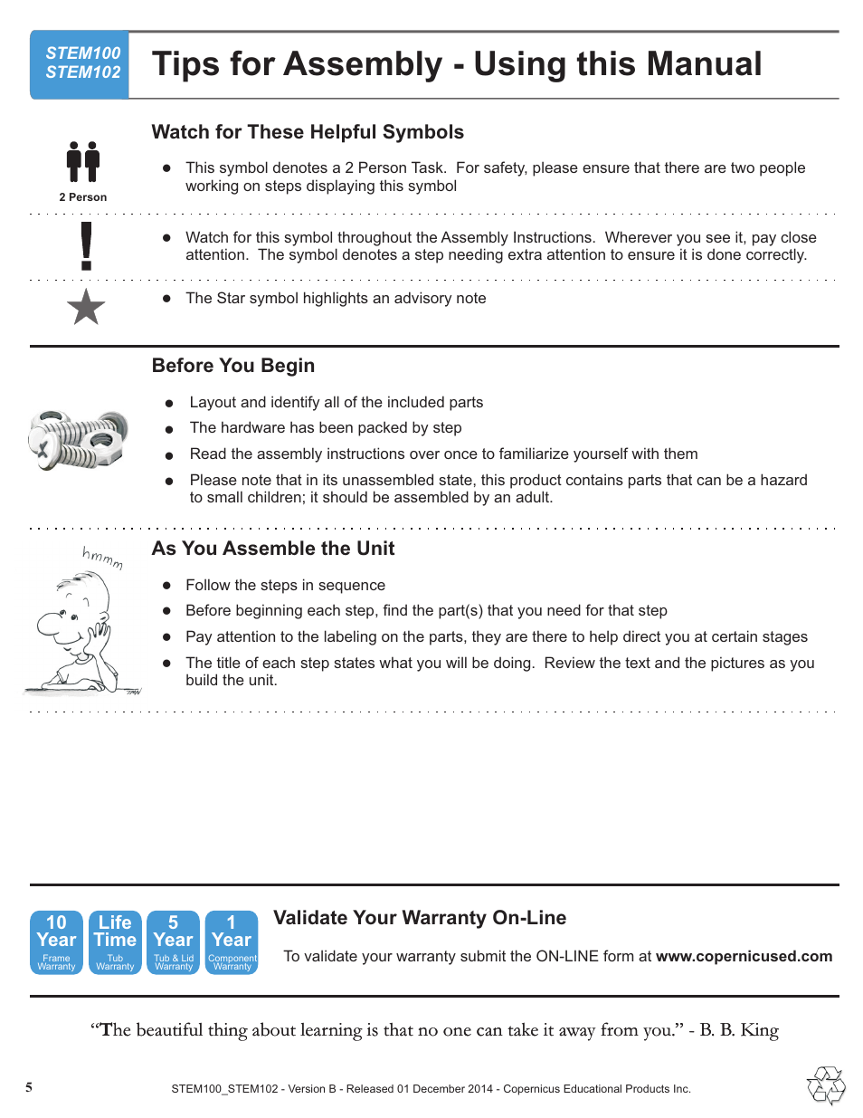 Tips for assembly - using this manual, Validate your warranty on-line, 10 year | Life time, 5year, 1year | Copernicus STEM102 User Manual | Page 5 / 18