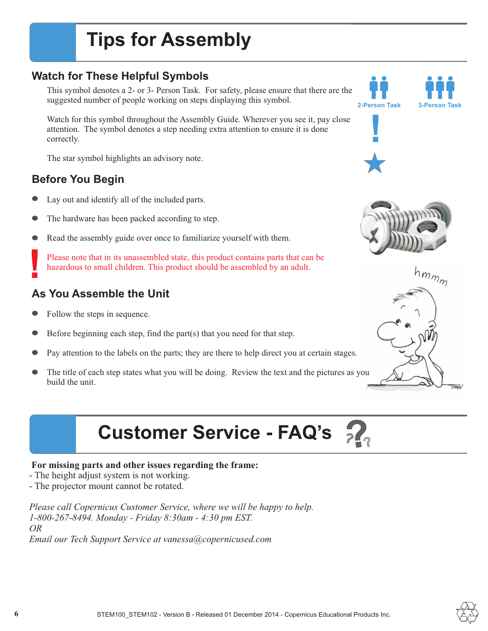 Tips for assembly, Customer service - faq’s | Copernicus STEM102 User Manual | Page 6 / 18