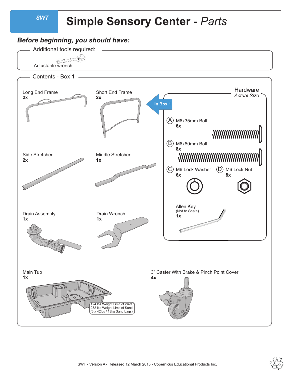 Parts list, Simple sensory center - parts, Before beginning, you should have | Copernicus SWT User Manual | Page 2 / 8