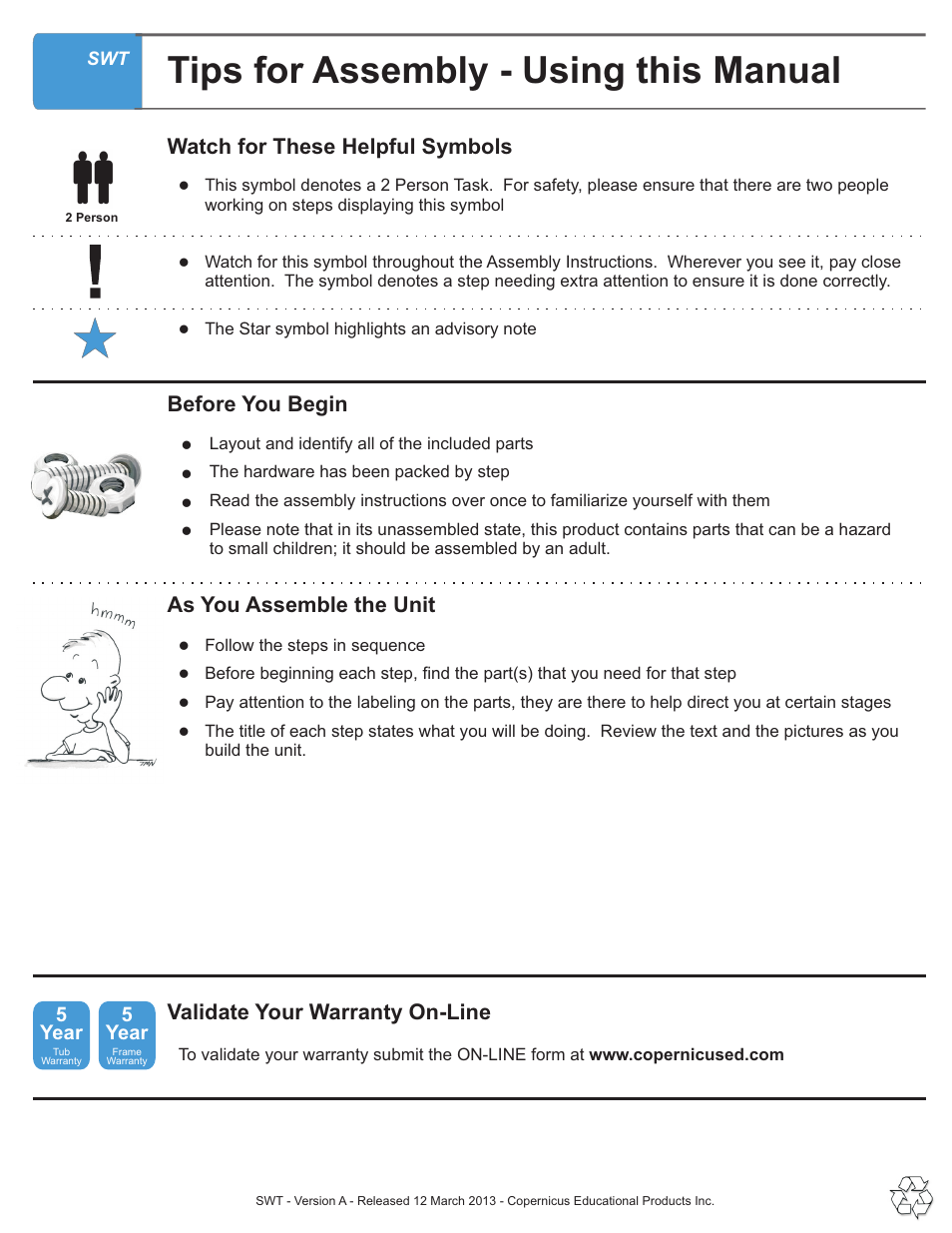 Tips for assembly - using this manual, Validate your warranty on-line, 5year | Copernicus SWT User Manual | Page 3 / 8