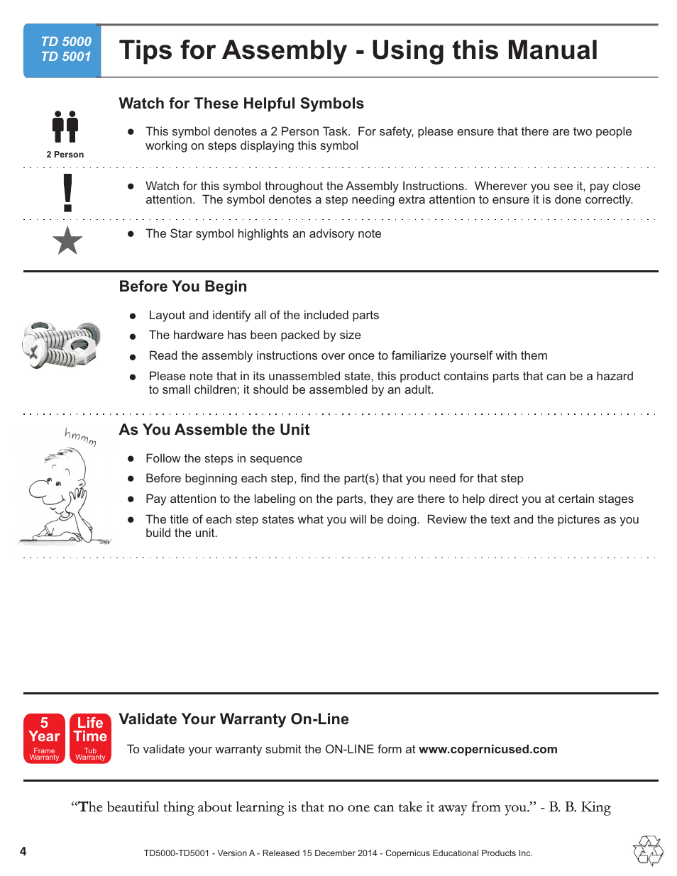 Tips for assembly - using this manual, Validate your warranty on-line | Copernicus TD5001 User Manual | Page 4 / 12