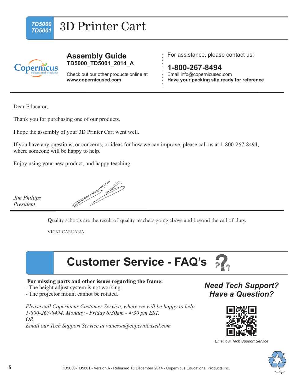 3d printer cart, Customer service - faq’s | Copernicus TD5001 User Manual | Page 5 / 12