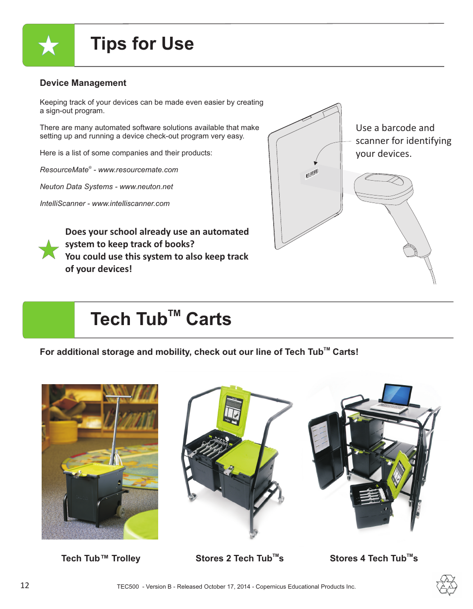 Tech tub carts tips for use | Copernicus TEC500 User Manual | Page 12 / 13