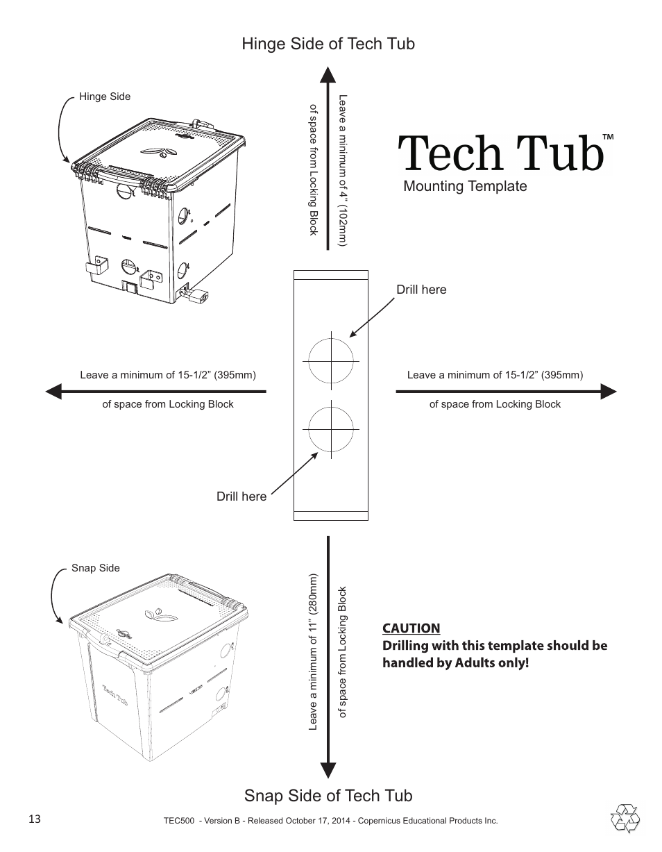 Snap side of tech tub hinge side of tech tub, Mounting template | Copernicus TEC500 User Manual | Page 13 / 13