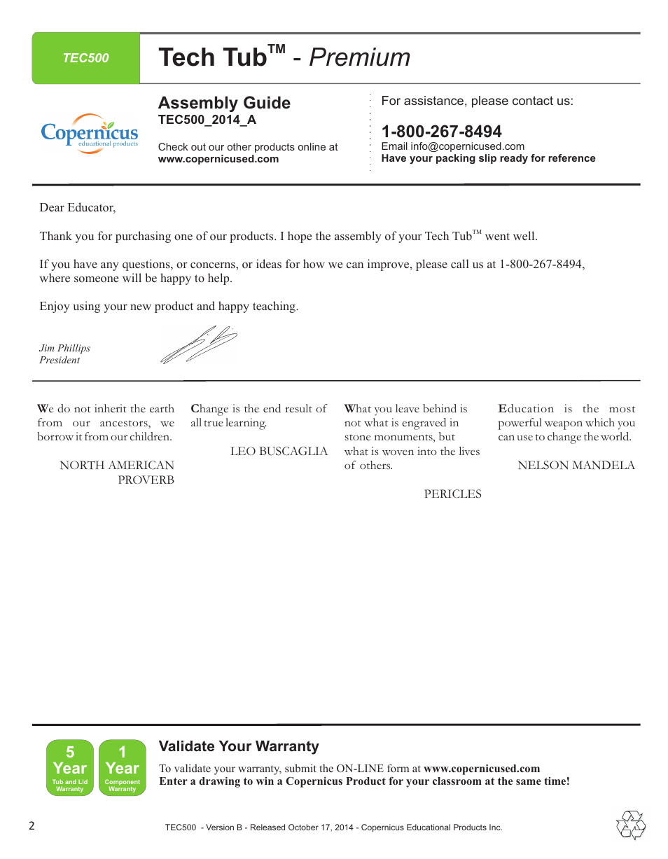 Tech tub - premium, Assembly guide, Year | 1year, Validate your warranty | Copernicus TEC500 User Manual | Page 2 / 13