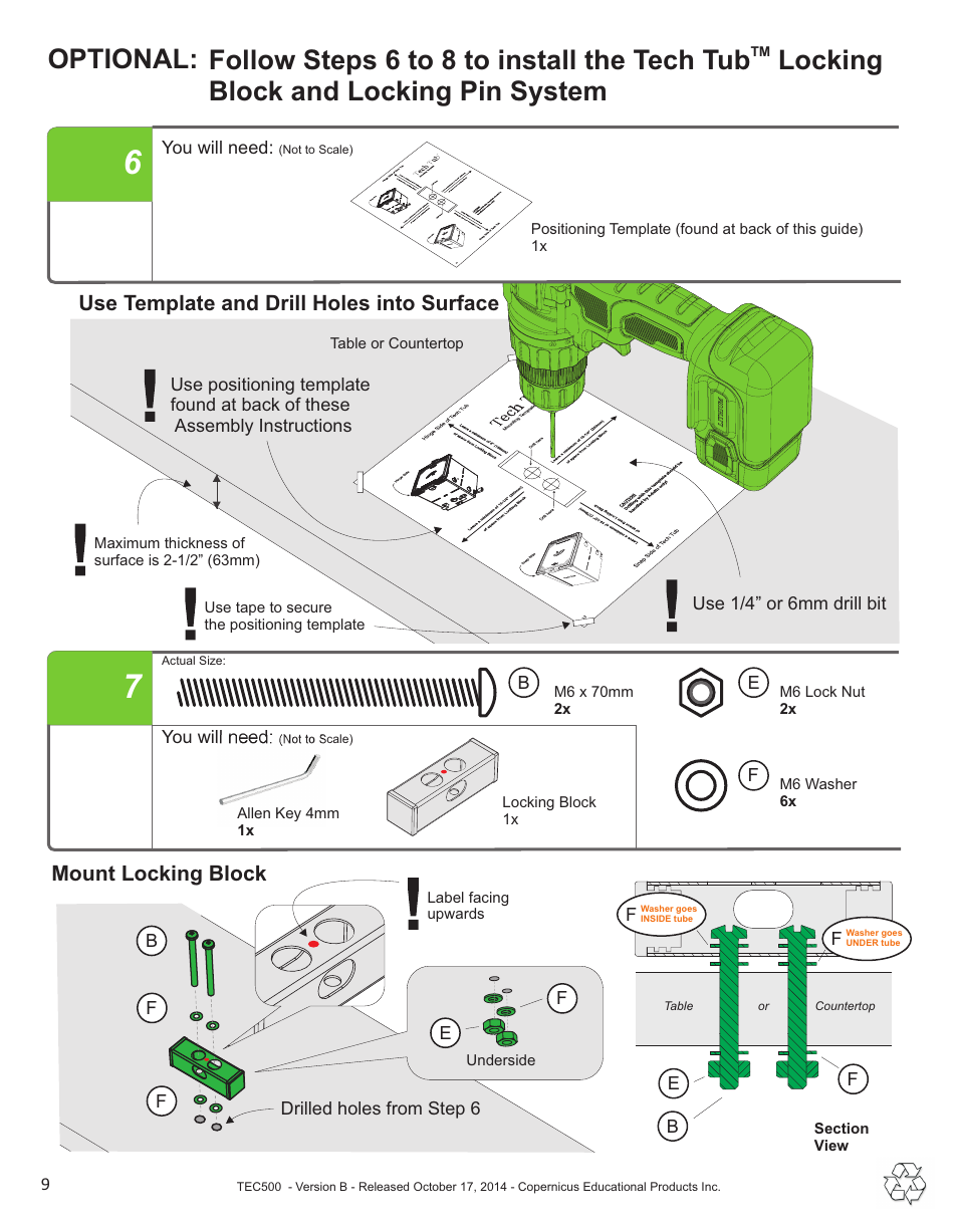 Optional, Use template and drill holes into surface, Mount locking block | Copernicus TEC500 User Manual | Page 9 / 13