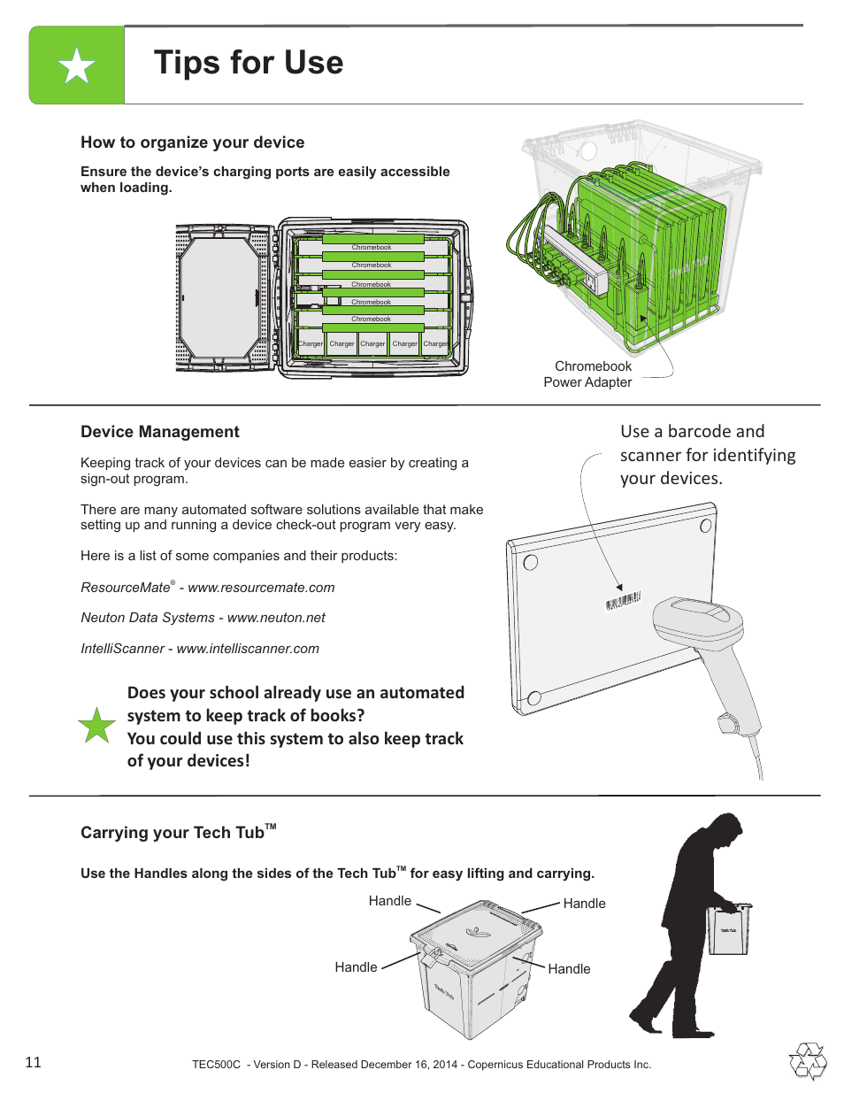 Tips for use, How to organize your device, Carrying your tech tub | 11 device management | Copernicus TEC500C User Manual | Page 11 / 12