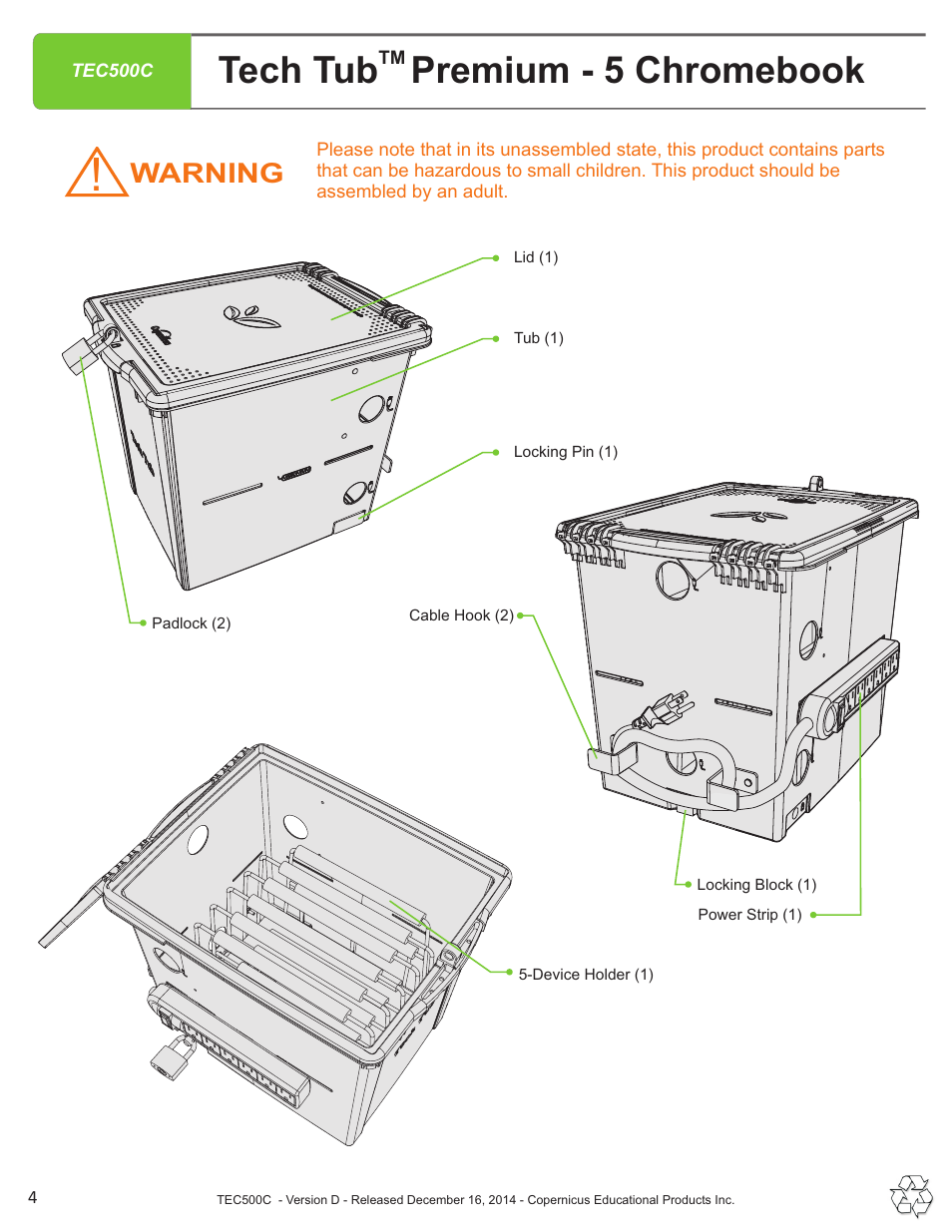 Tech tub premium - 5 chromebook, Warning | Copernicus TEC500C User Manual | Page 4 / 12