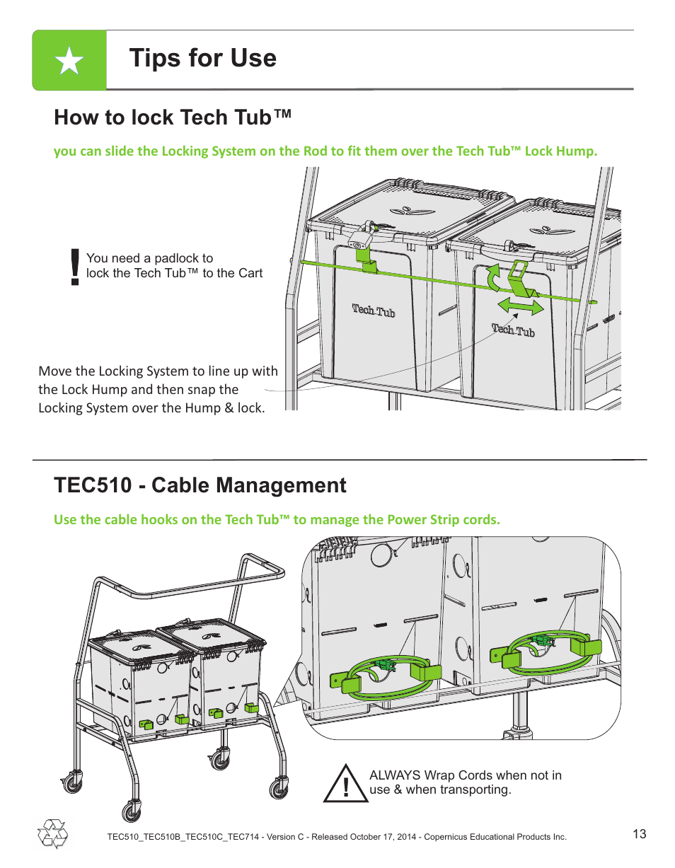 Tips for use, Tec510 - cable management, How to lock tech tub | Copernicus TEC714 User Manual | Page 13 / 17