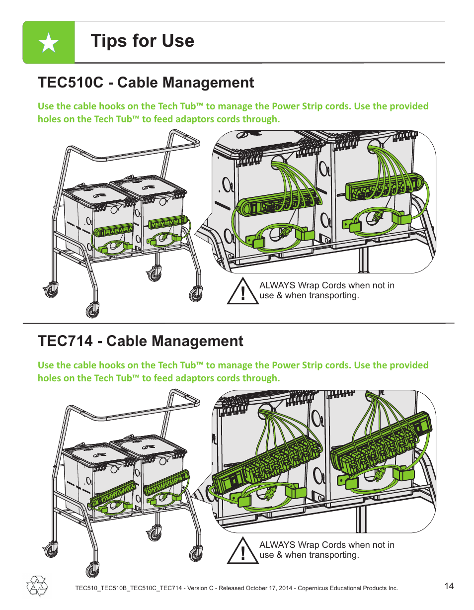 Tips for use, Tec714 - cable management, Tec510c - cable management | Copernicus TEC714 User Manual | Page 14 / 17