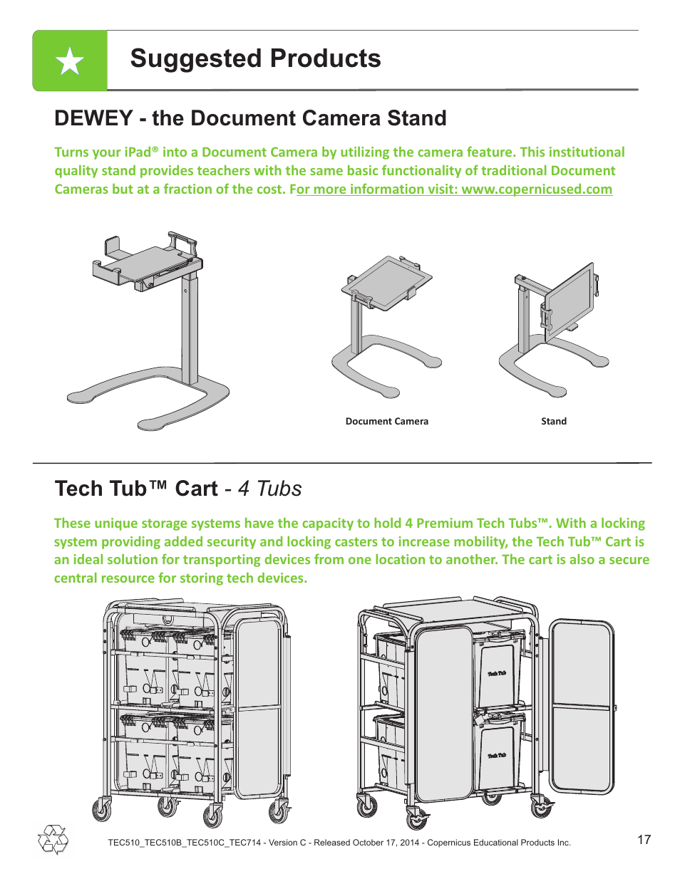 Suggested products, Dewey - the document camera stand, Tech tub™ cart - 4 tubs | Copernicus TEC714 User Manual | Page 17 / 17