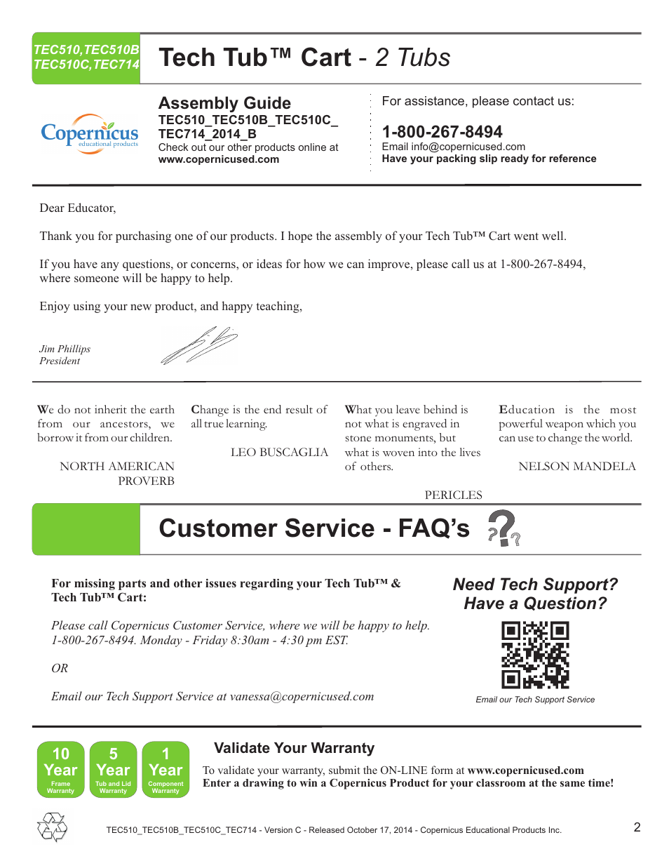 Tech tub™ cart - 2 tubs, Customer service - faq’s, Assembly guide | Need tech support? have a question | Copernicus TEC714 User Manual | Page 2 / 17