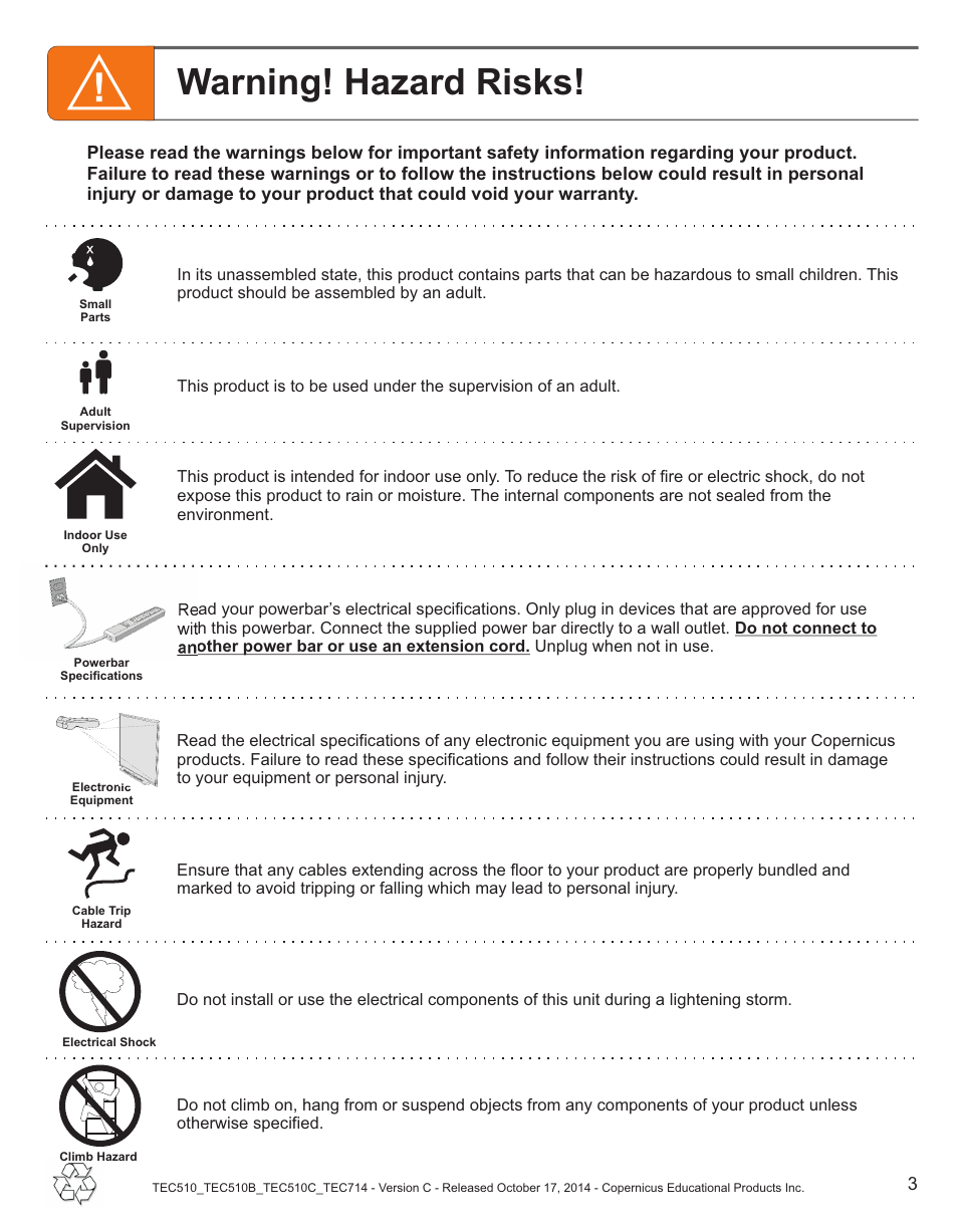 Warning! hazard risks | Copernicus TEC714 User Manual | Page 3 / 17