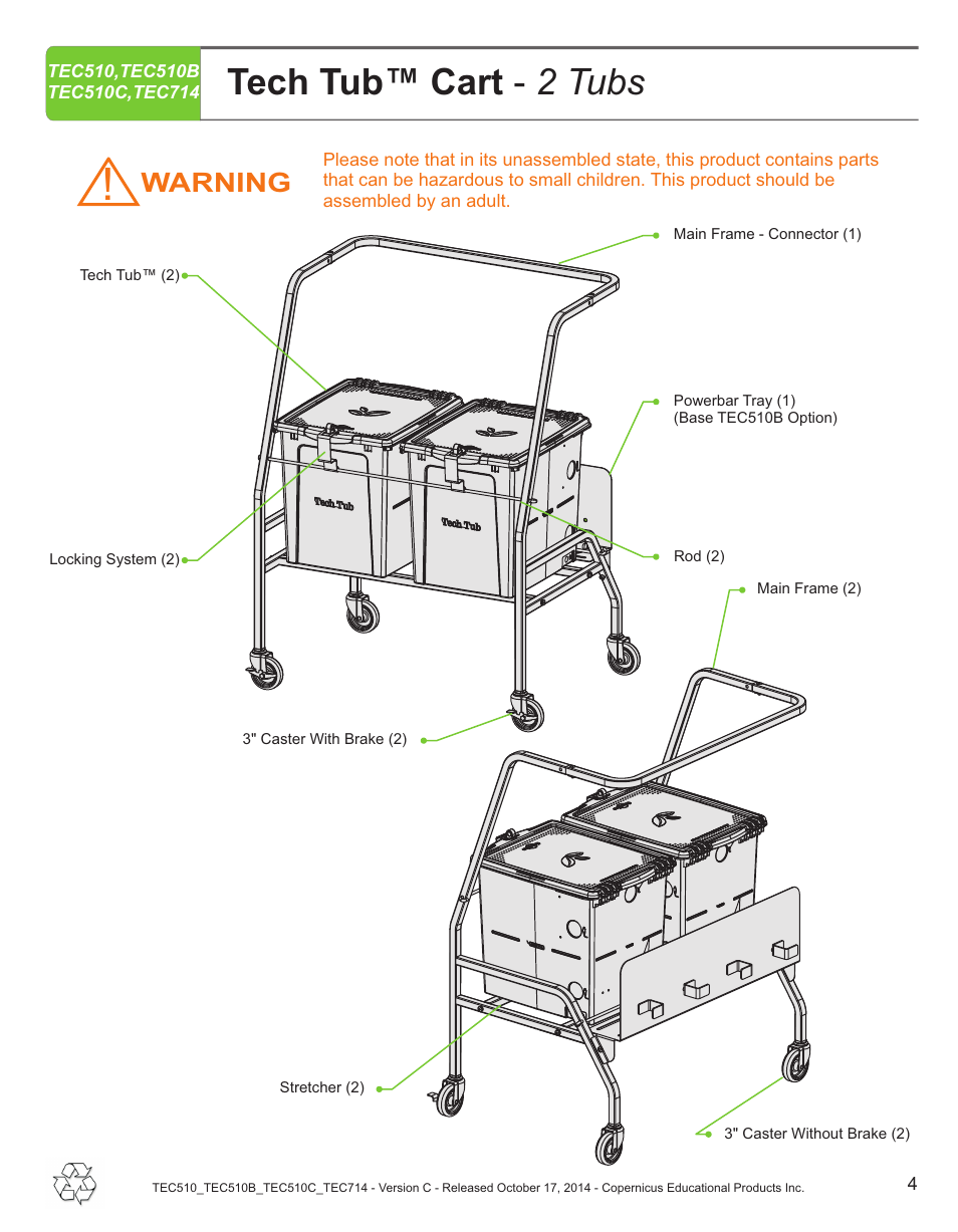 Tech tub™ cart - 2 tubs, Warning | Copernicus TEC714 User Manual | Page 4 / 17