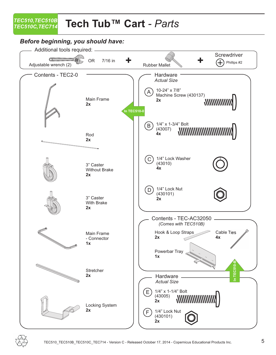 Tech tub™ cart - parts, Before beginning, you should have | Copernicus TEC714 User Manual | Page 5 / 17