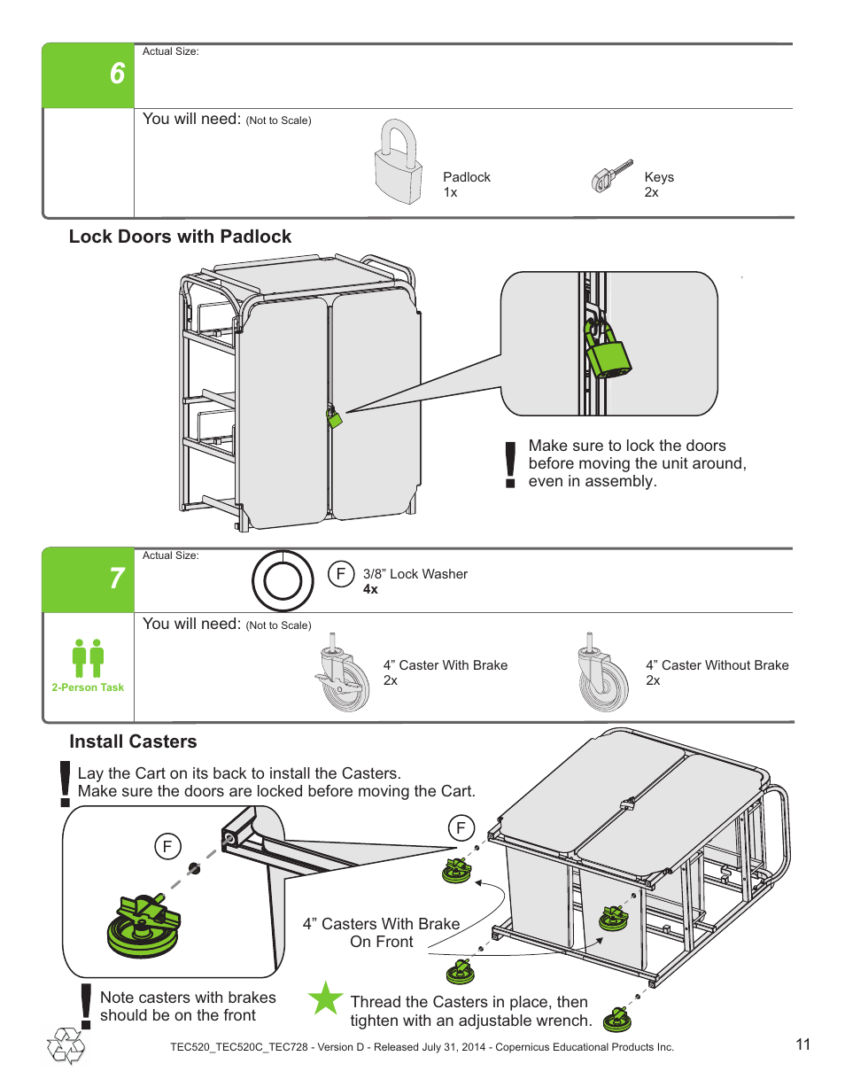 Lock doors with padlock, Install casters | Copernicus TEC728 User Manual | Page 11 / 18