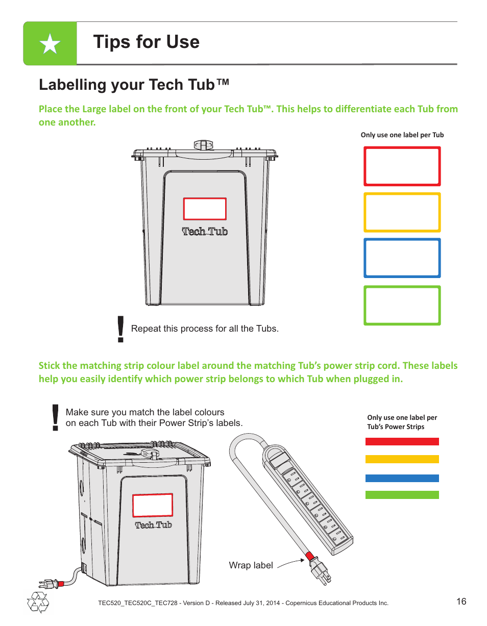 Tips for use, Labelling your tech tub | Copernicus TEC728 User Manual | Page 16 / 18