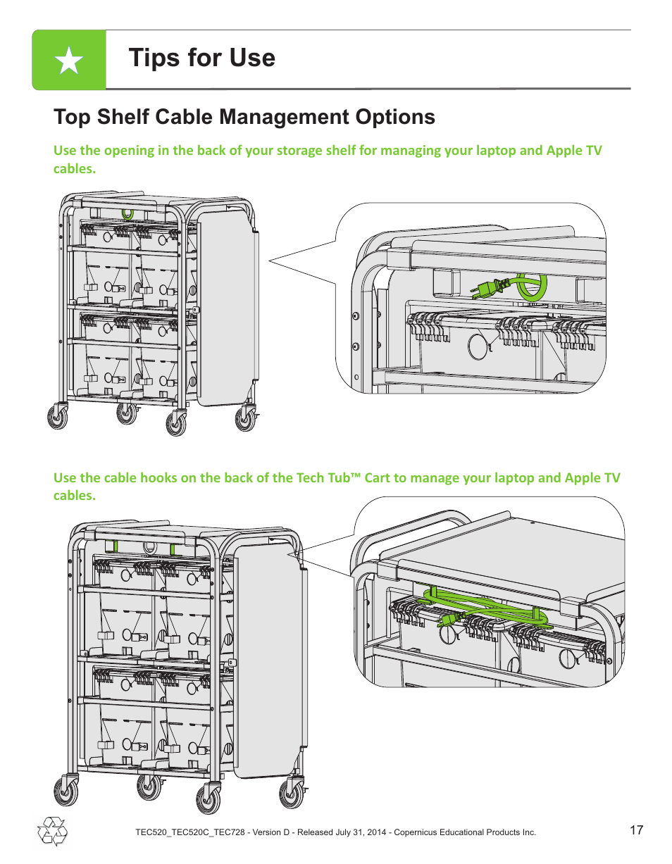 Tips for use, Top shelf cable management options | Copernicus TEC728 User Manual | Page 17 / 18