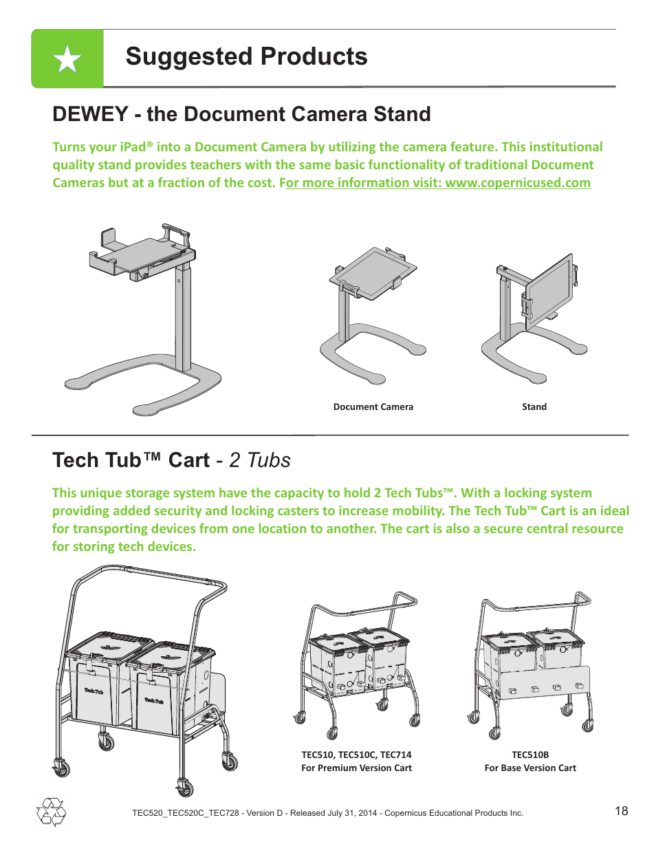 Suggested products, Dewey - the document camera stand, Tech tub™ cart - 2 tubs | Copernicus TEC728 User Manual | Page 18 / 18