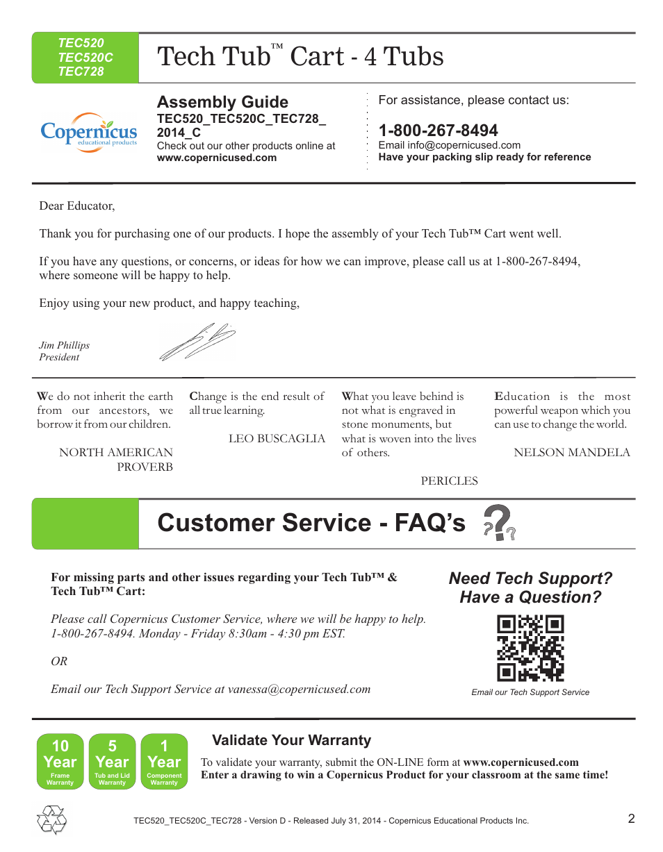 Customer service - faq’s, Tech tub cart - 4 tubs, Assembly guide | Need tech support? have a question | Copernicus TEC728 User Manual | Page 2 / 18