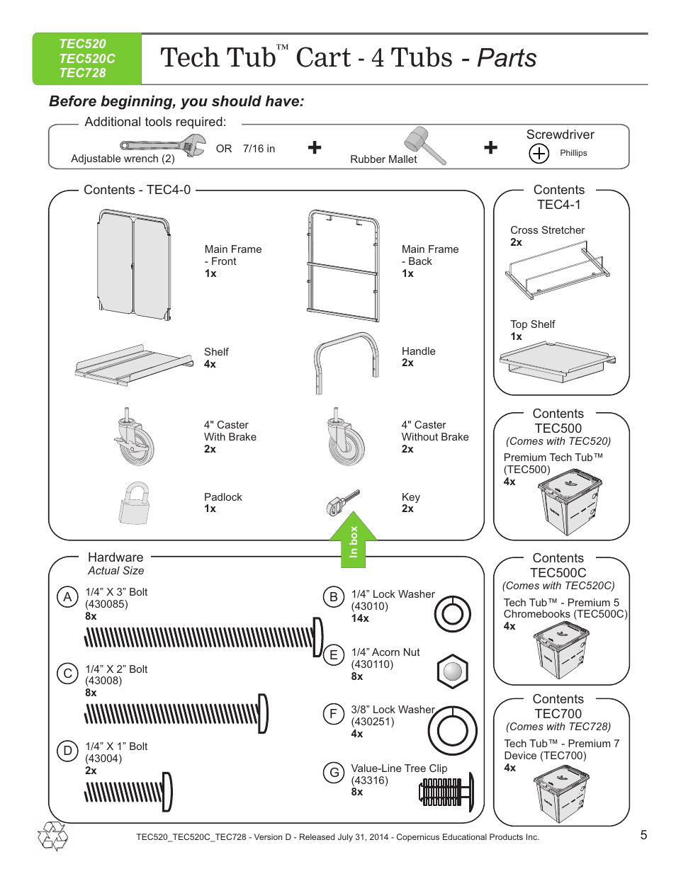 Parts, Tech tub cart - 4 tubs, Before beginning, you should have | Copernicus TEC728 User Manual | Page 5 / 18