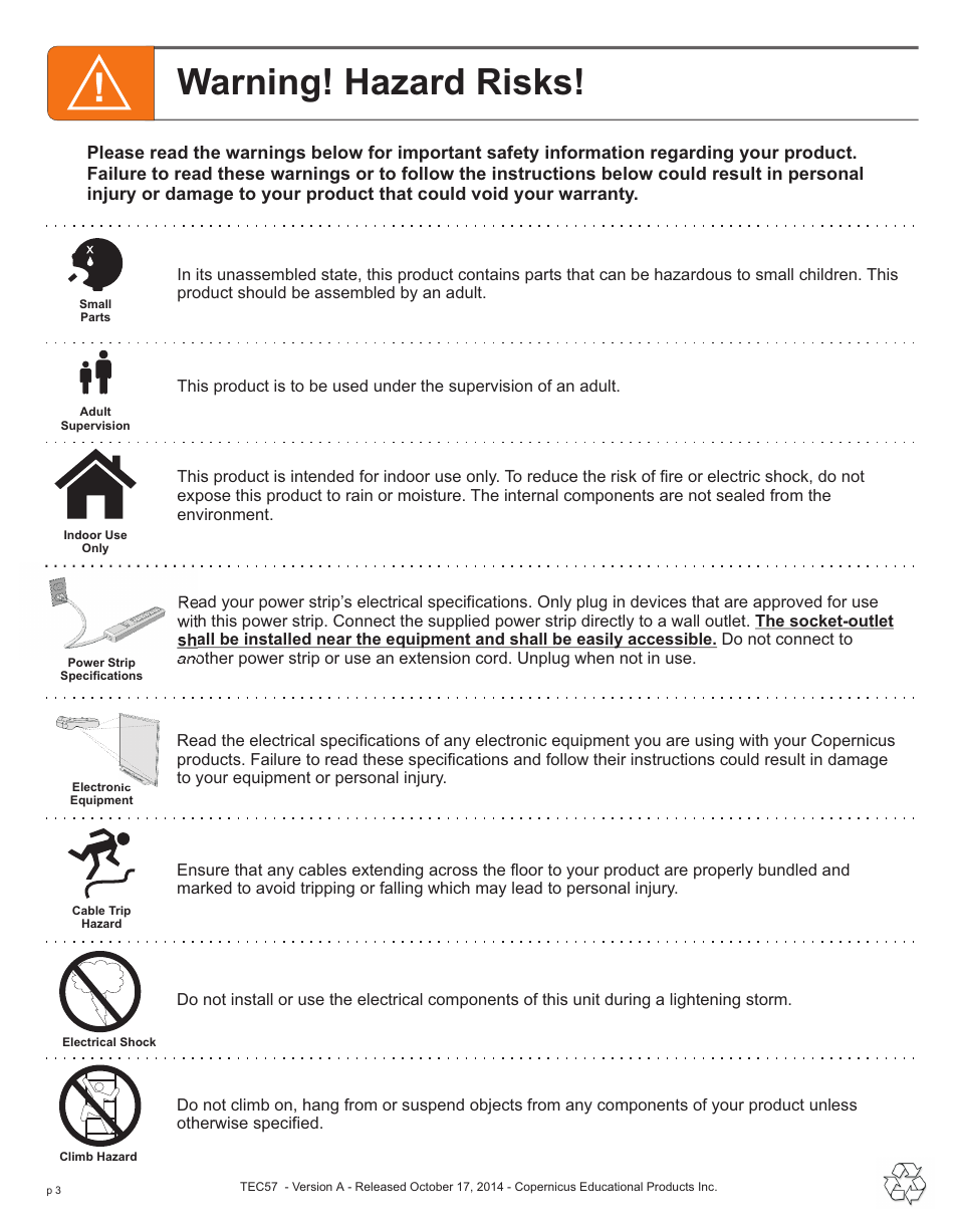 Warning! hazard risks | Copernicus TEC57 User Manual | Page 3 / 8