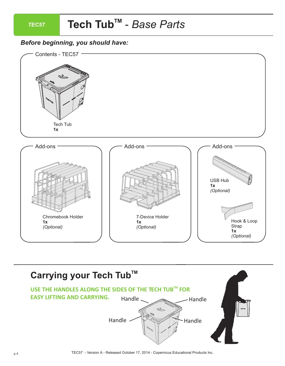 Tech tub - base parts, Carrying your tech tub | Copernicus TEC57 User Manual | Page 4 / 8