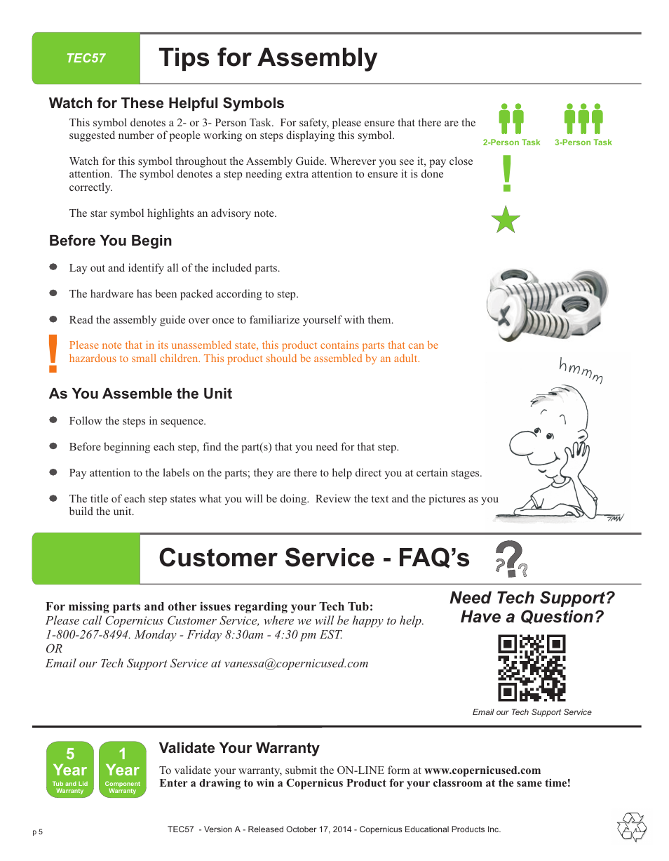 Tips for assembly, Customer service - faq’s | Copernicus TEC57 User Manual | Page 5 / 8