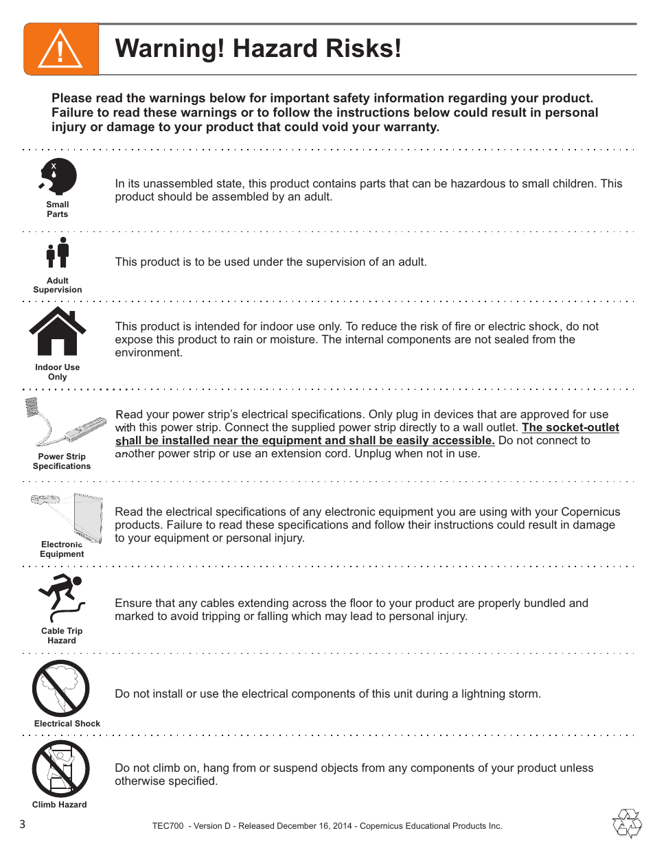 Warning - colour, Warning! hazard risks | Copernicus TEC700 User Manual | Page 3 / 12