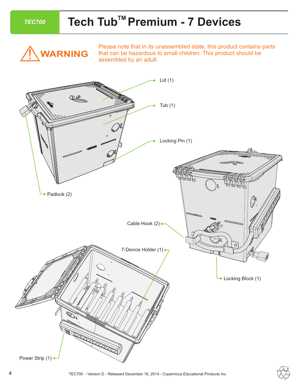 Tech tub premium - 7 devices, Warning | Copernicus TEC700 User Manual | Page 4 / 12