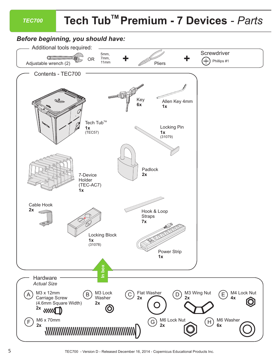 Parts list, Tech tub premium - 7 devices - parts, Before beginning, you should have | Copernicus TEC700 User Manual | Page 5 / 12