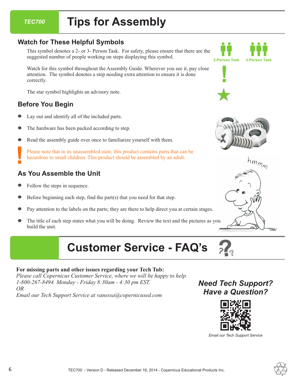 Tips, Tips for assembly, Customer service - faq’s | Copernicus TEC700 User Manual | Page 6 / 12