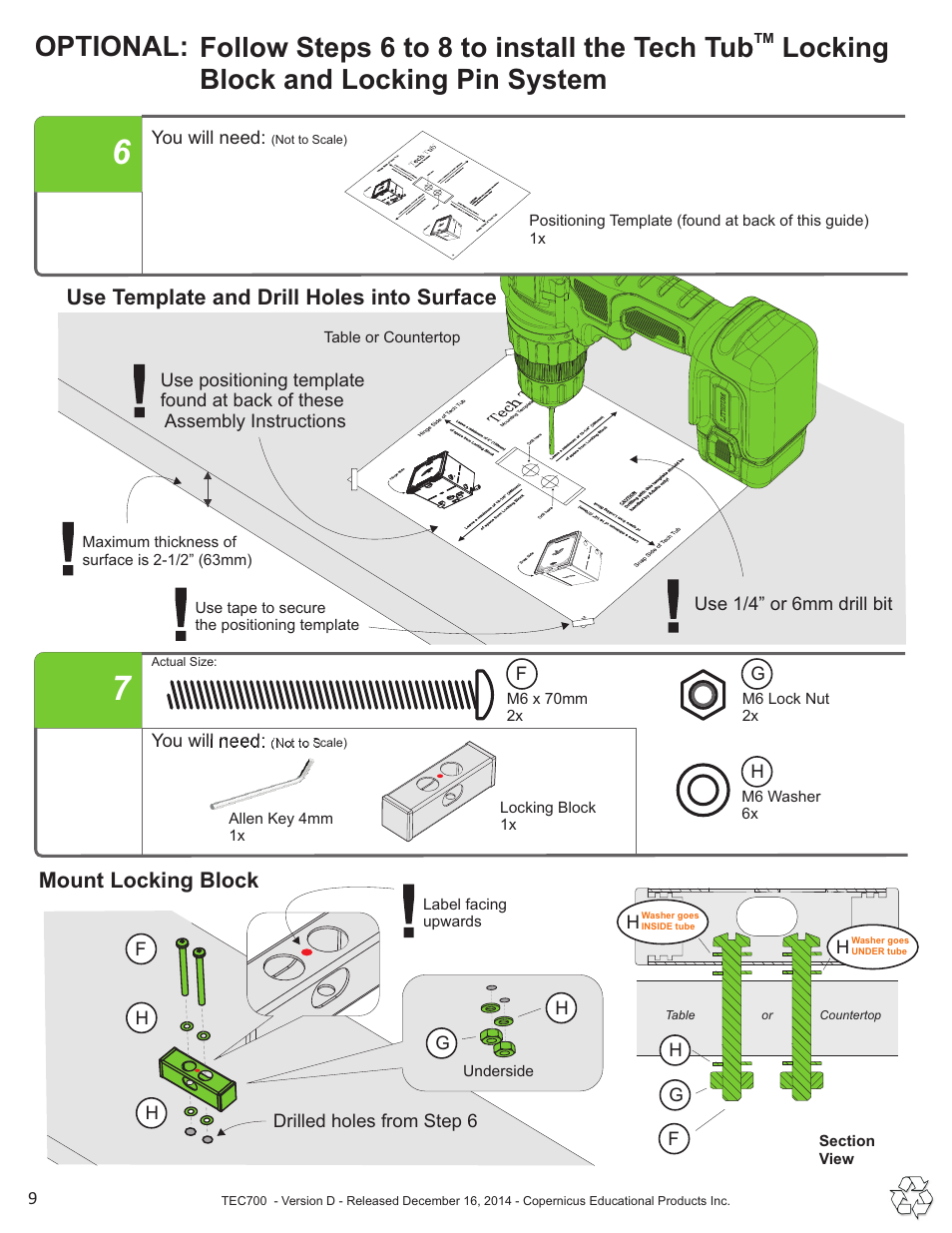 Optional, Use template and drill holes into surface, Mount locking block | Copernicus TEC700 User Manual | Page 9 / 12