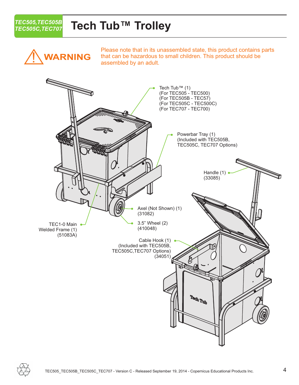 Tech tub™ trolley, Warning | Copernicus TEC707 User Manual | Page 4 / 14