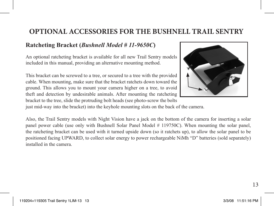 Optional accessories for the bushnell trail sentry | Bushnell 119204 User Manual | Page 13 / 16