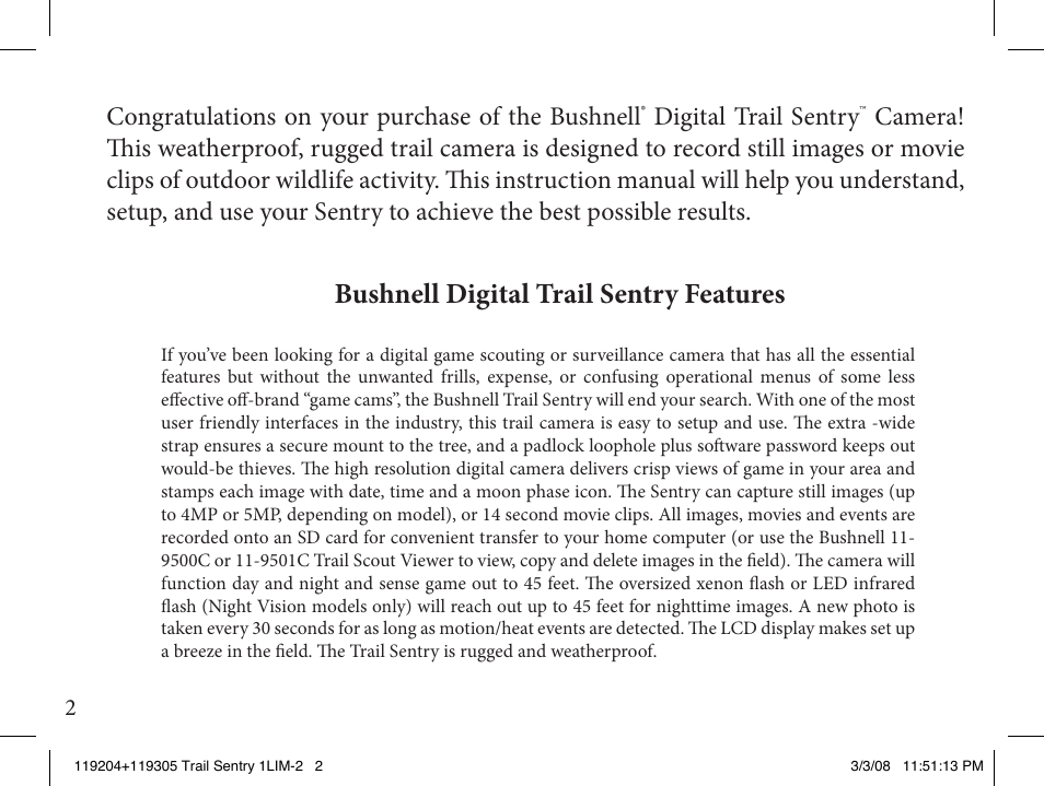 Bushnell digital trail sentry features, Digital trail sentry | Bushnell 119204 User Manual | Page 2 / 16