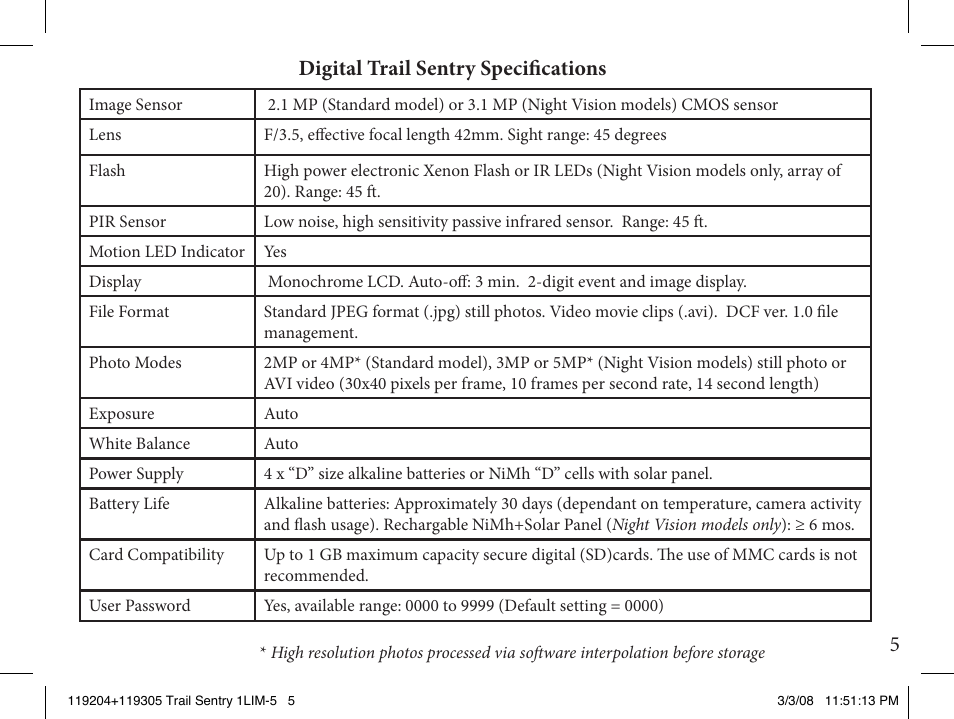 5digital trail sentry specifications | Bushnell 119204 User Manual | Page 5 / 16