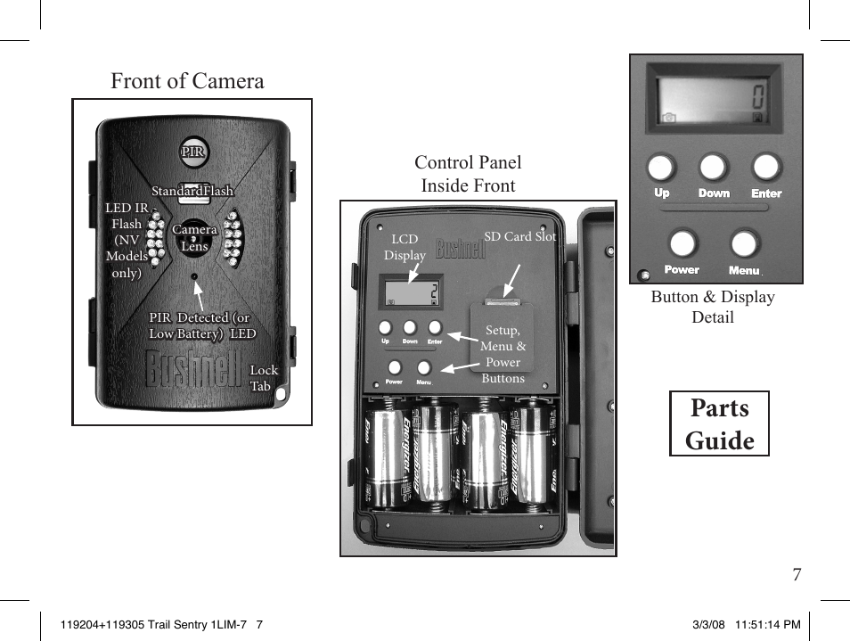 Parts guide, Front of camera, Control panel inside front | Bushnell 119204 User Manual | Page 7 / 16