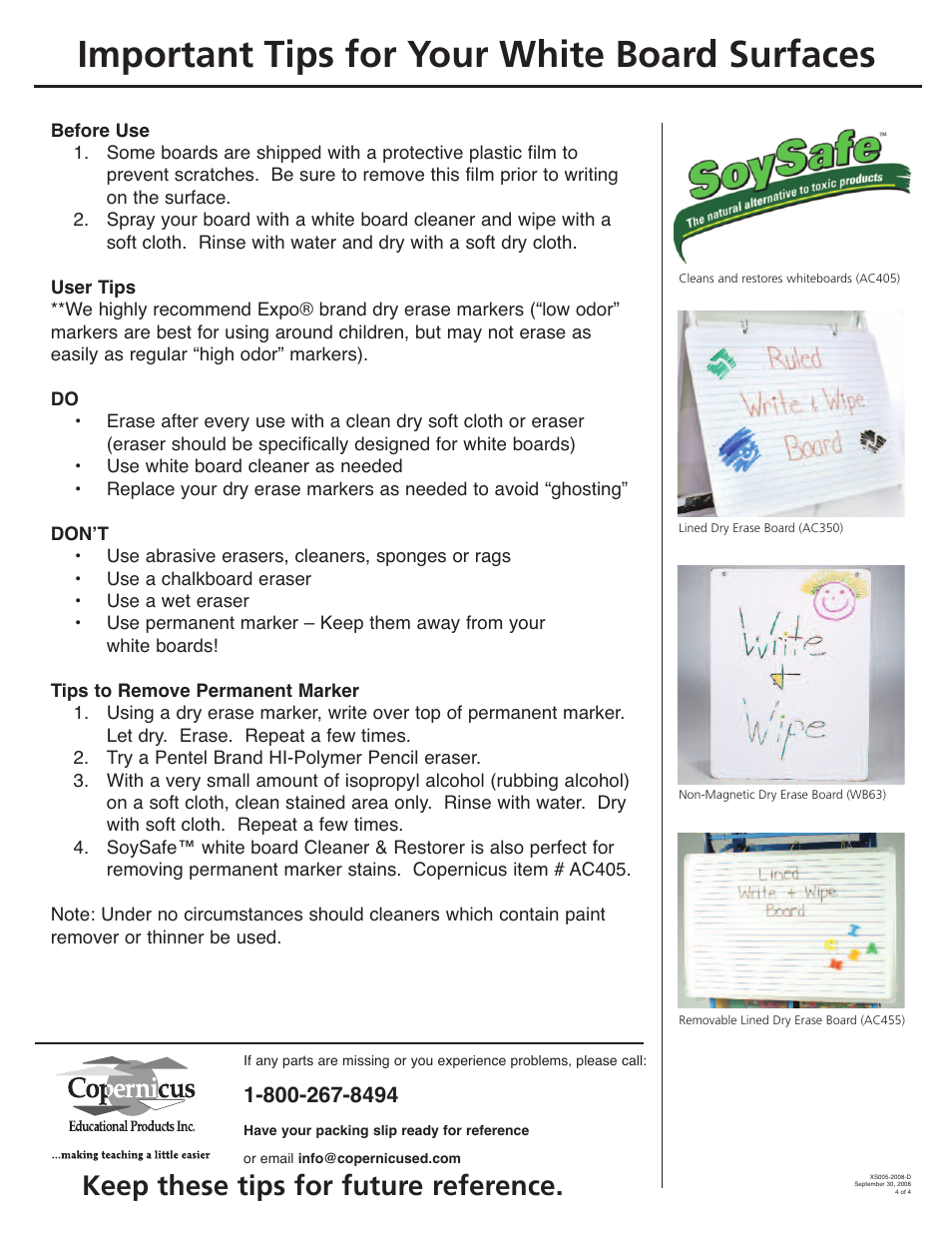 Important tips for your white board surfaces, Keep these tips for future reference | Copernicus XS005 User Manual | Page 4 / 4