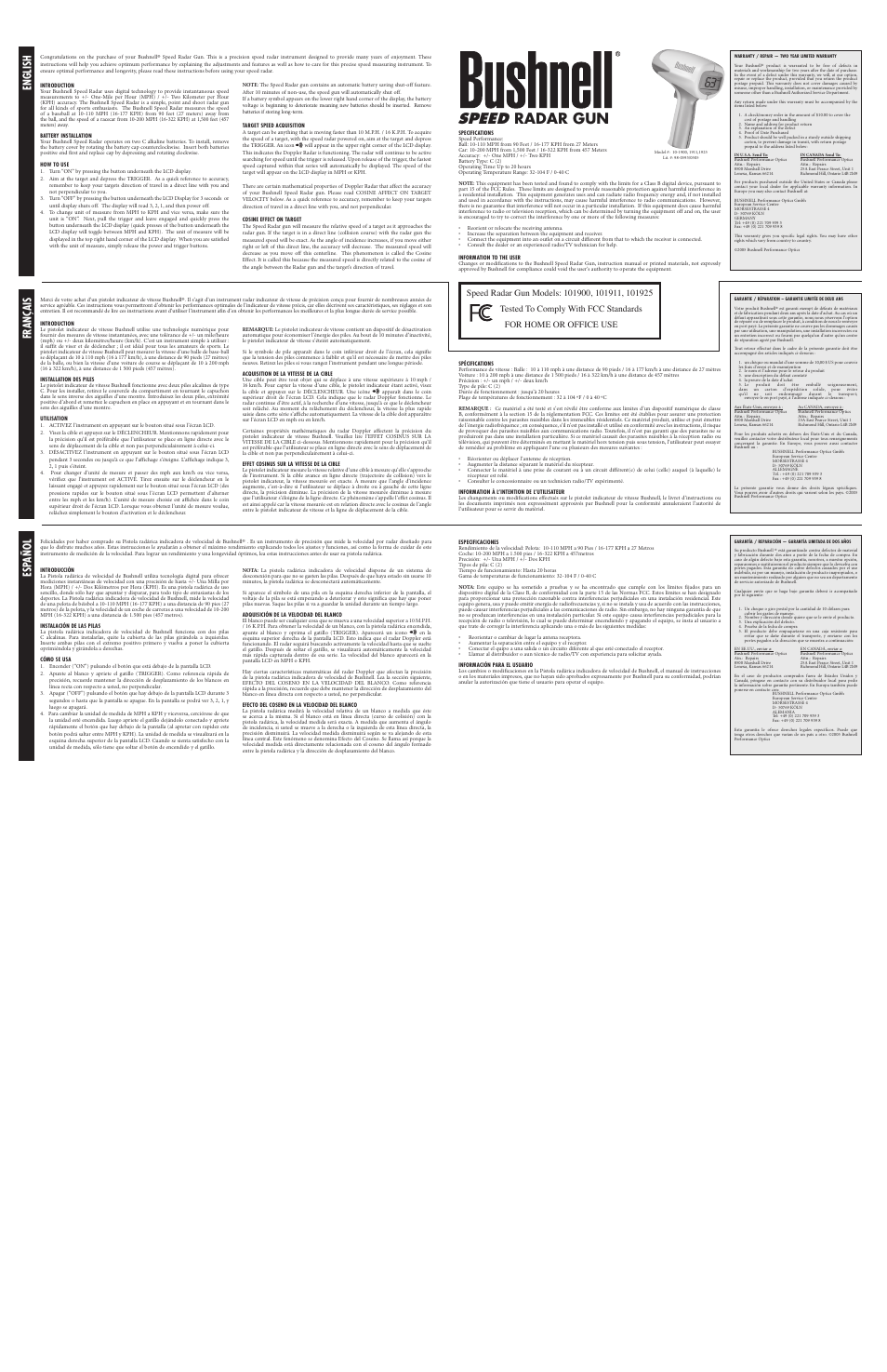 Bushnell Speed Radar Gun 10-1911 User Manual | 3 pages
