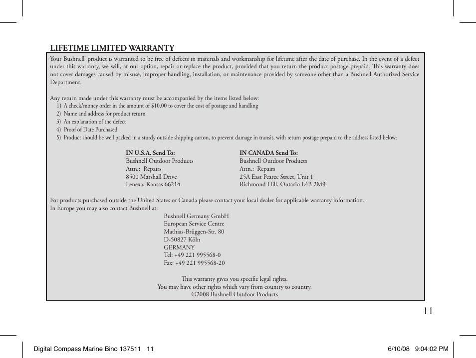 Lifetime limited warranty | Bushnell 13-7507 User Manual | Page 11 / 64