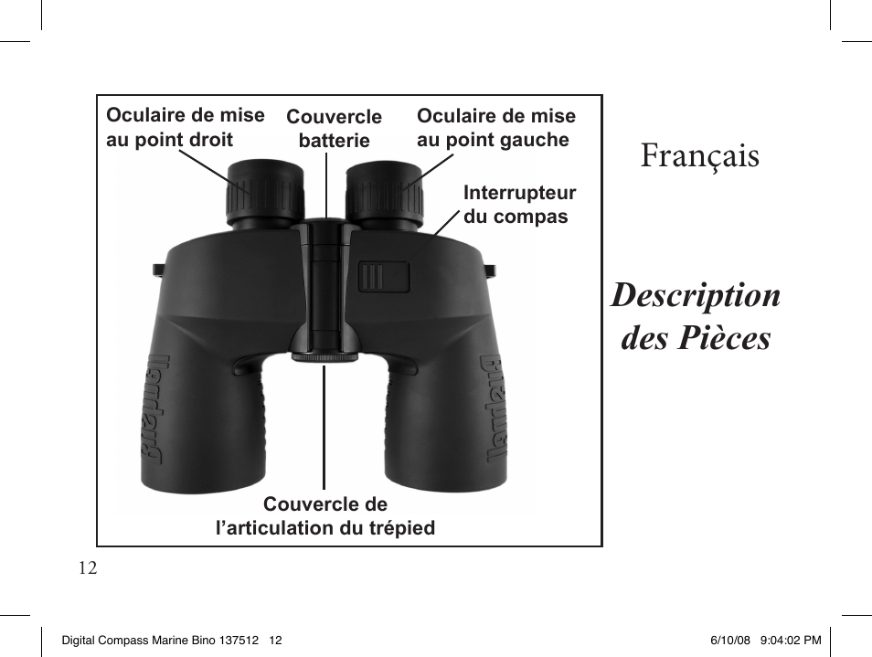 Français, Description des pièces | Bushnell 13-7507 User Manual | Page 12 / 64