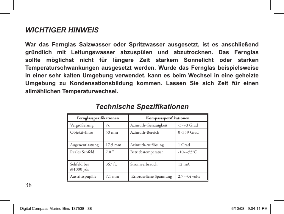 Wichtiger hinweis, Technische spezifikationen | Bushnell 13-7507 User Manual | Page 38 / 64