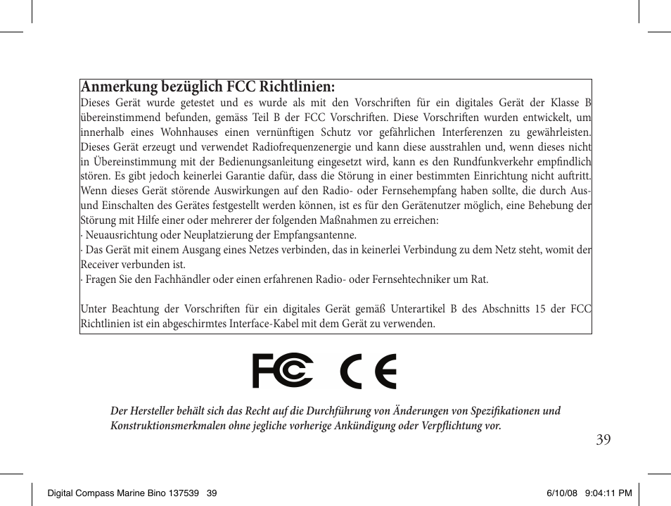 Anmerkung bezüglich fcc richtlinien | Bushnell 13-7507 User Manual | Page 39 / 64