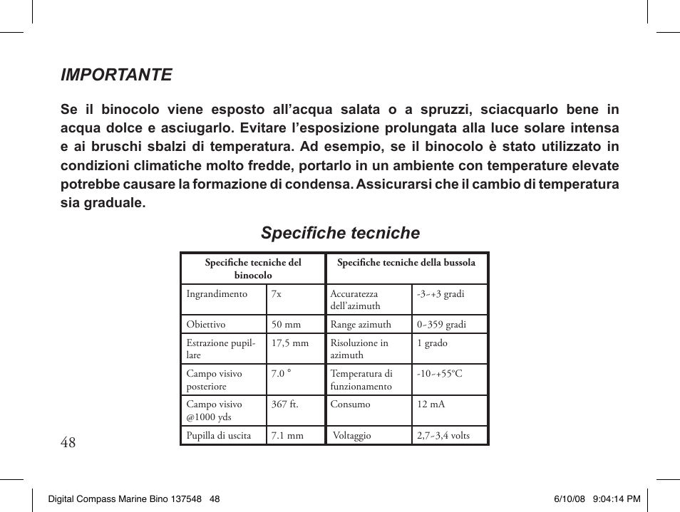 Importante, Specifiche tecniche | Bushnell 13-7507 User Manual | Page 48 / 64